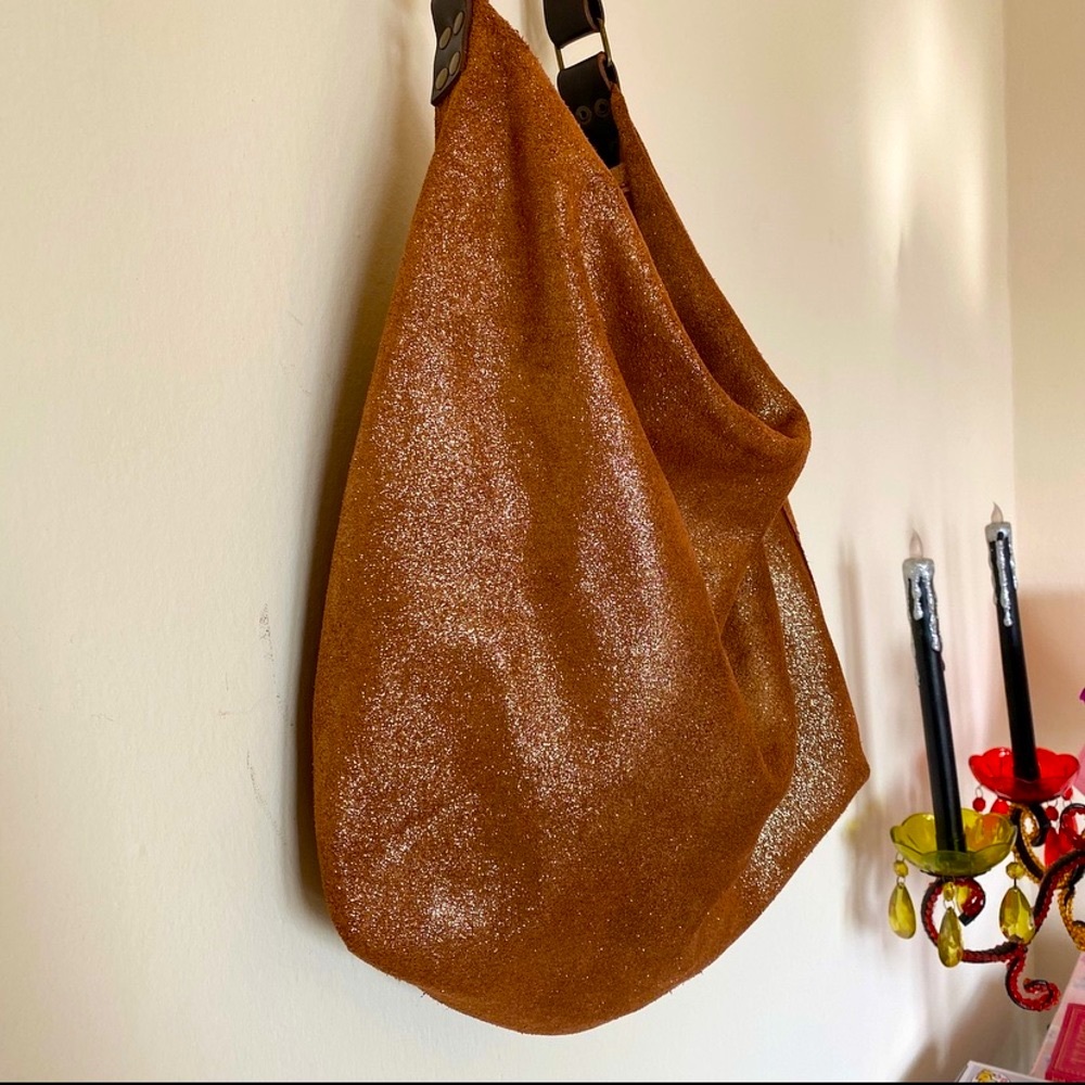 Lara B “Brandy Sparkle” Brown Sparkly Leather Tote Bag w Zipper Top - Picture 2 of 5